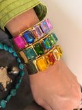WAFA five rectangular crystal cuffs in pink purple, blue green, and golden amber