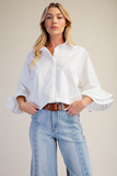 White cotton poplin blouse with double ruffle sleeves