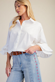 White oversized cotton poplin blouse with flutter ruffle cuffs