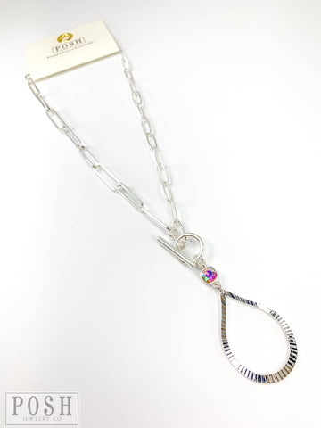 Posh Textured Paperclip Chain With Toggle Front and Ribbed Teardrop Pendant With Ab Stone Connector